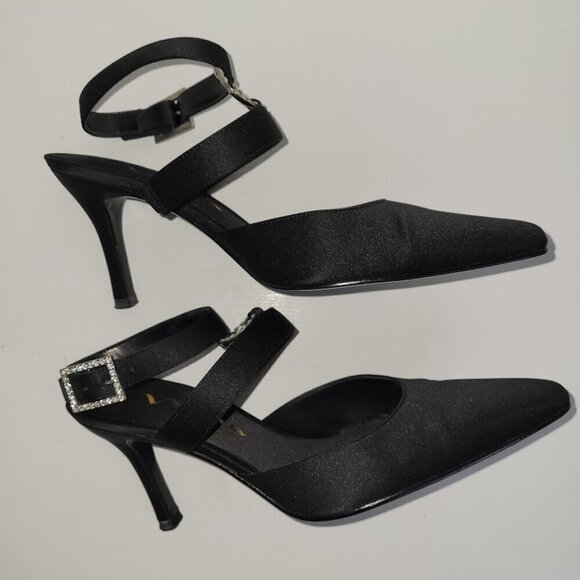 Nina Black Sateen Ankle Strap Heels W/Rhinestone Embellishment Women's Size 6.5 - Picture 8 of 13